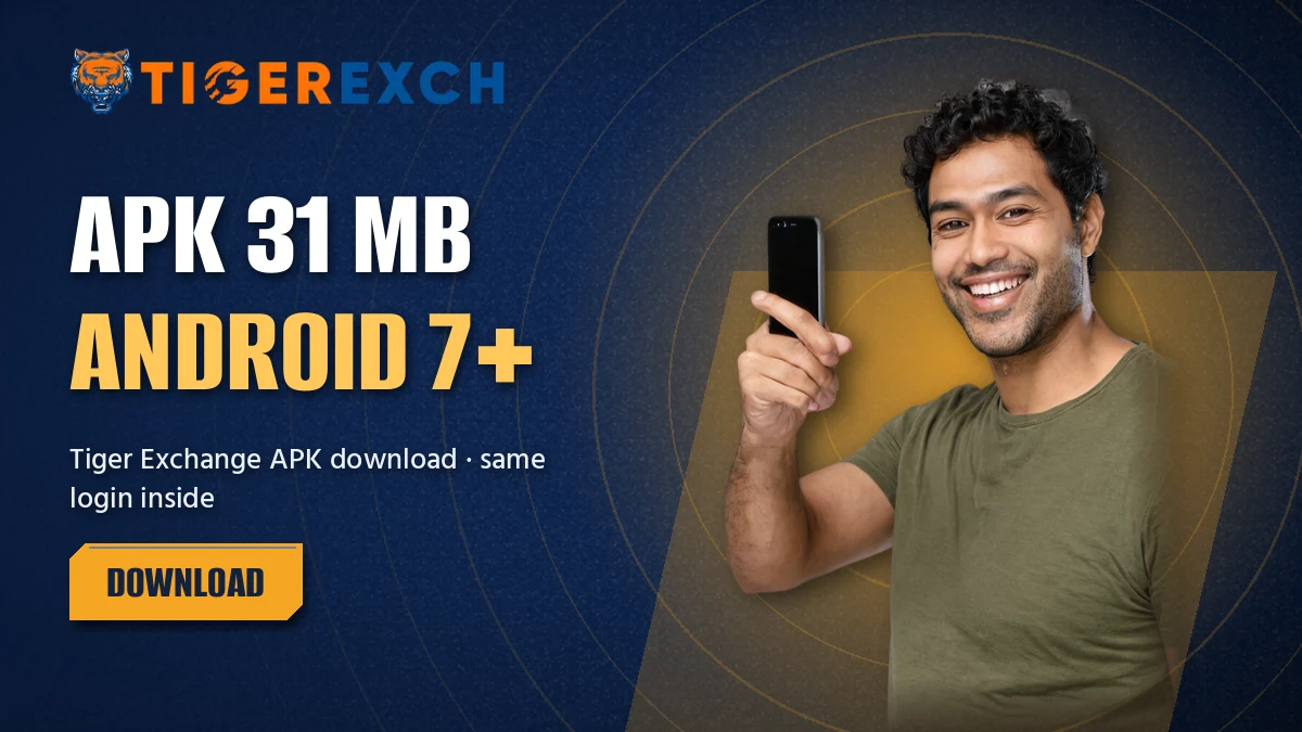 Presenter pointing at a phone screen beside the Tiger Exchange APK 31 MB Android 7 banner