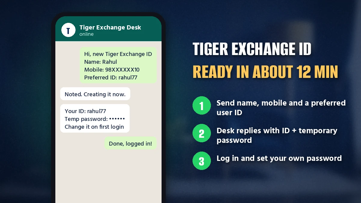 Phone screen with a WhatsApp chat issuing a Tiger Exchange user ID and temporary password