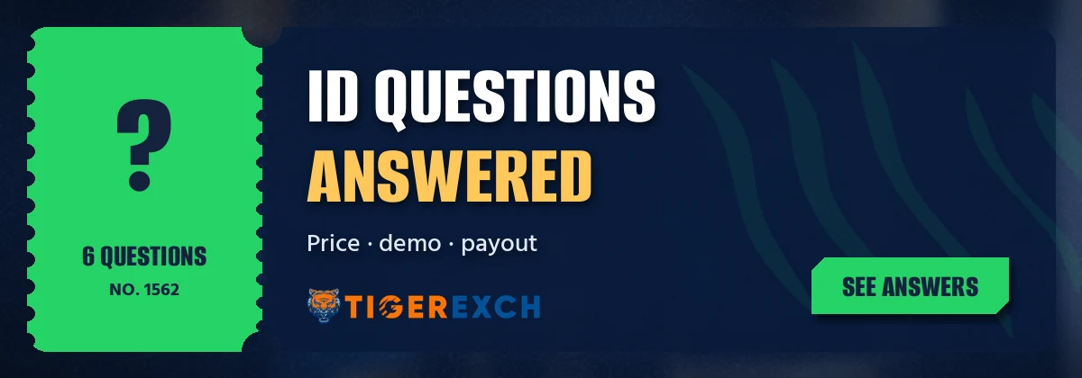 Ticket strip with common Tiger Exchange ID questions on price, demo and payout