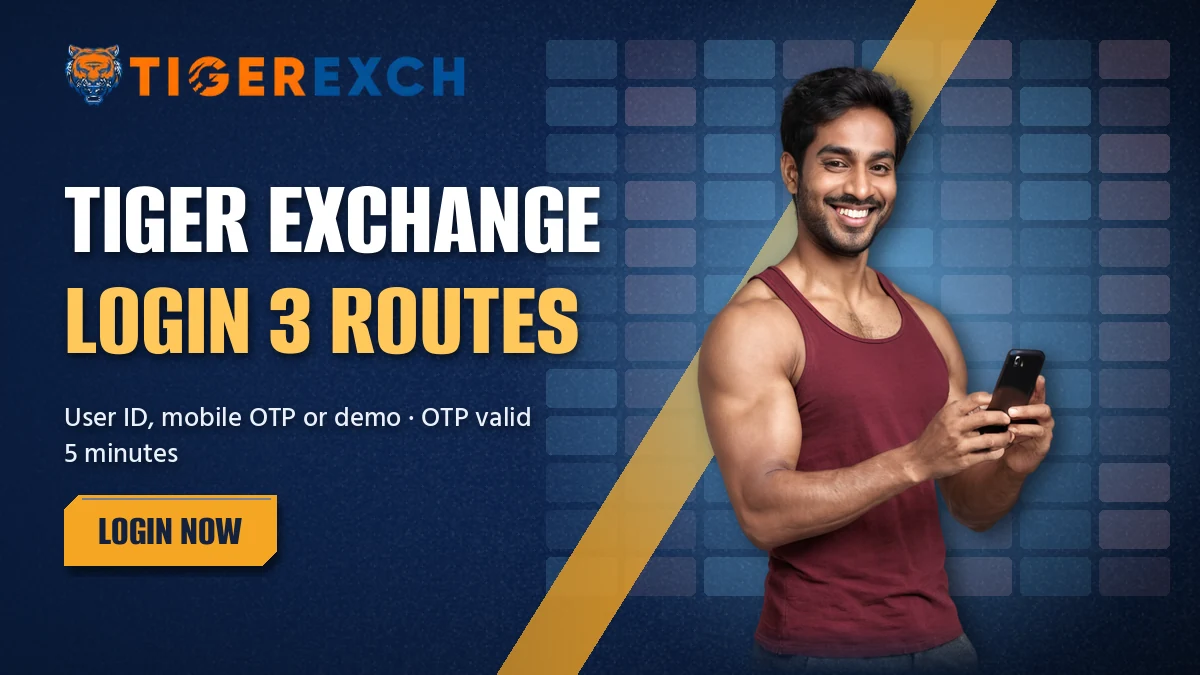Tiger Exchange login screen with mobile OTP and user ID tabs on a phone