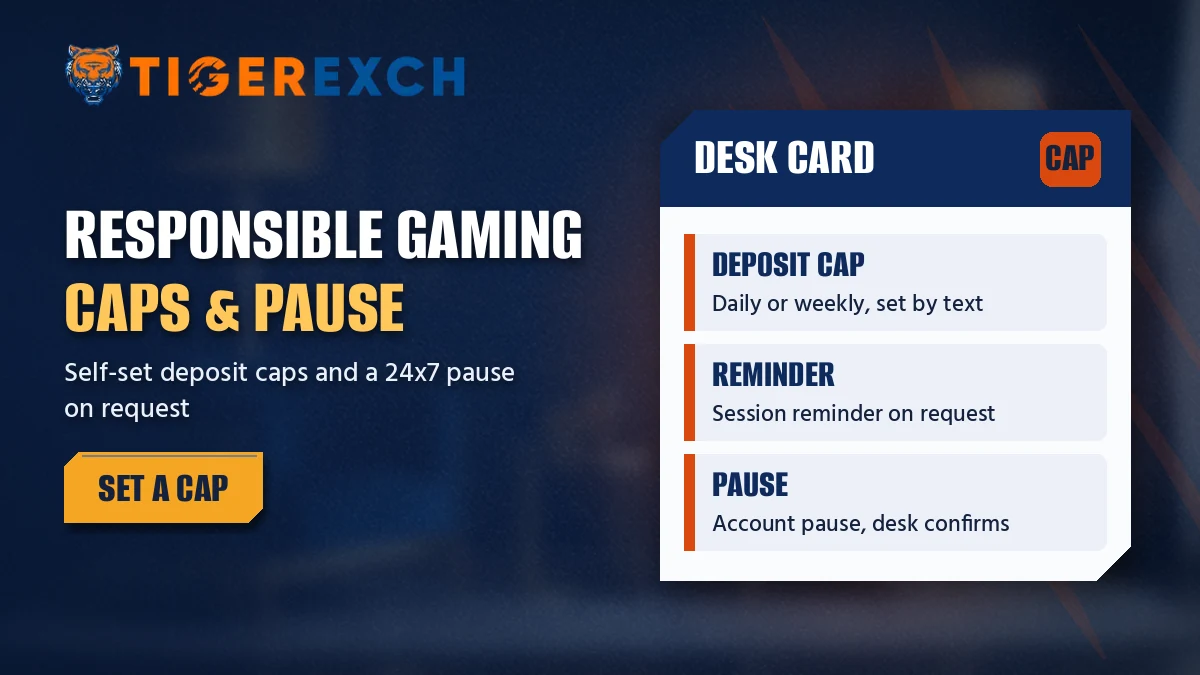 Tiger Exchange desk card showing a deposit cap, session reminder and account pause