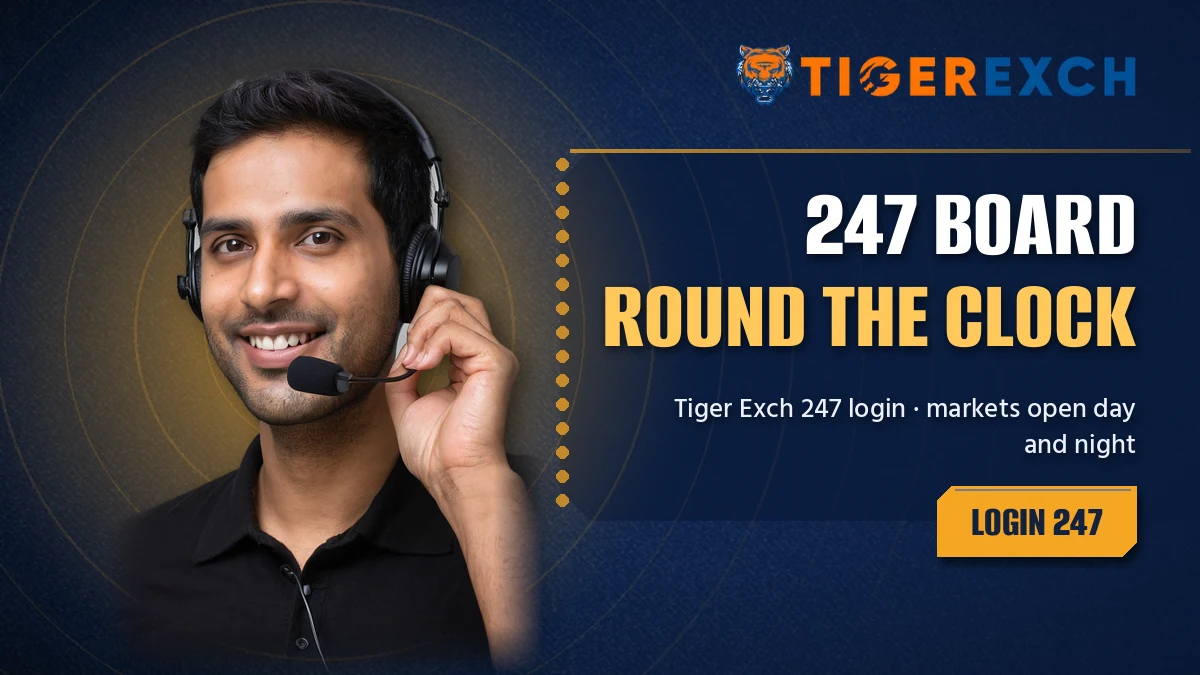 Tiger Exch 247 banner with a round-the-clock login message for Indian users